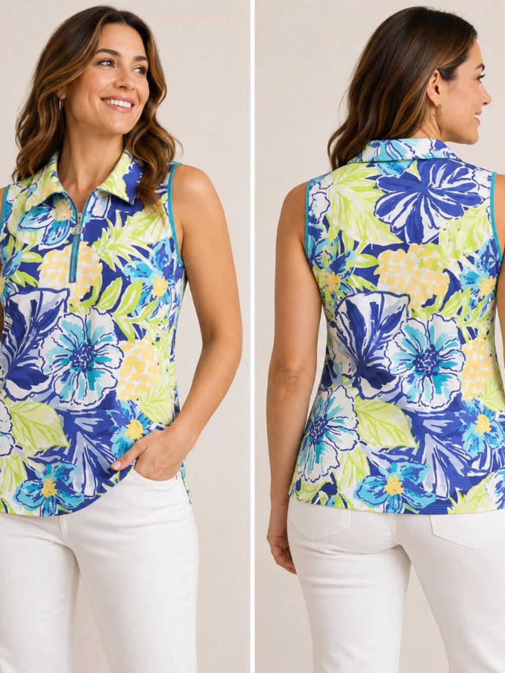 Rafaella Women’s Floral Print Sleeveless Polo Top Size M Blue Green Yellow